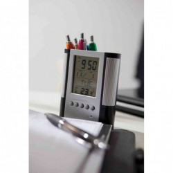 LCD ébresztőóra tolltartóval, ezüst